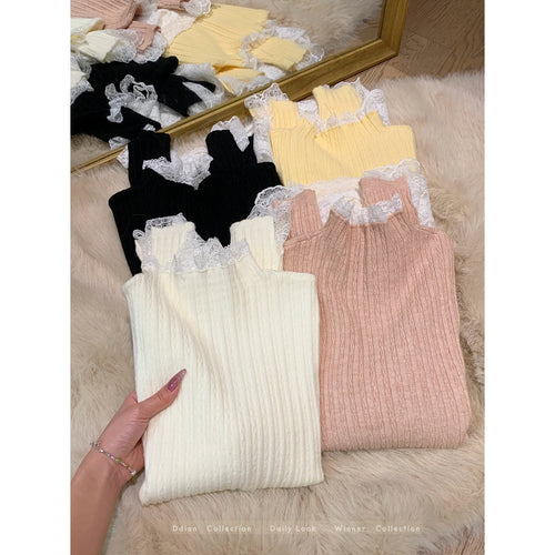 Load image into Gallery viewer, Retro Korean Version Women Sweet Solid Patchwork Lace Elegant Knitted Half High Neck Sweater Autumn Winter Slim Pullovers Tops
