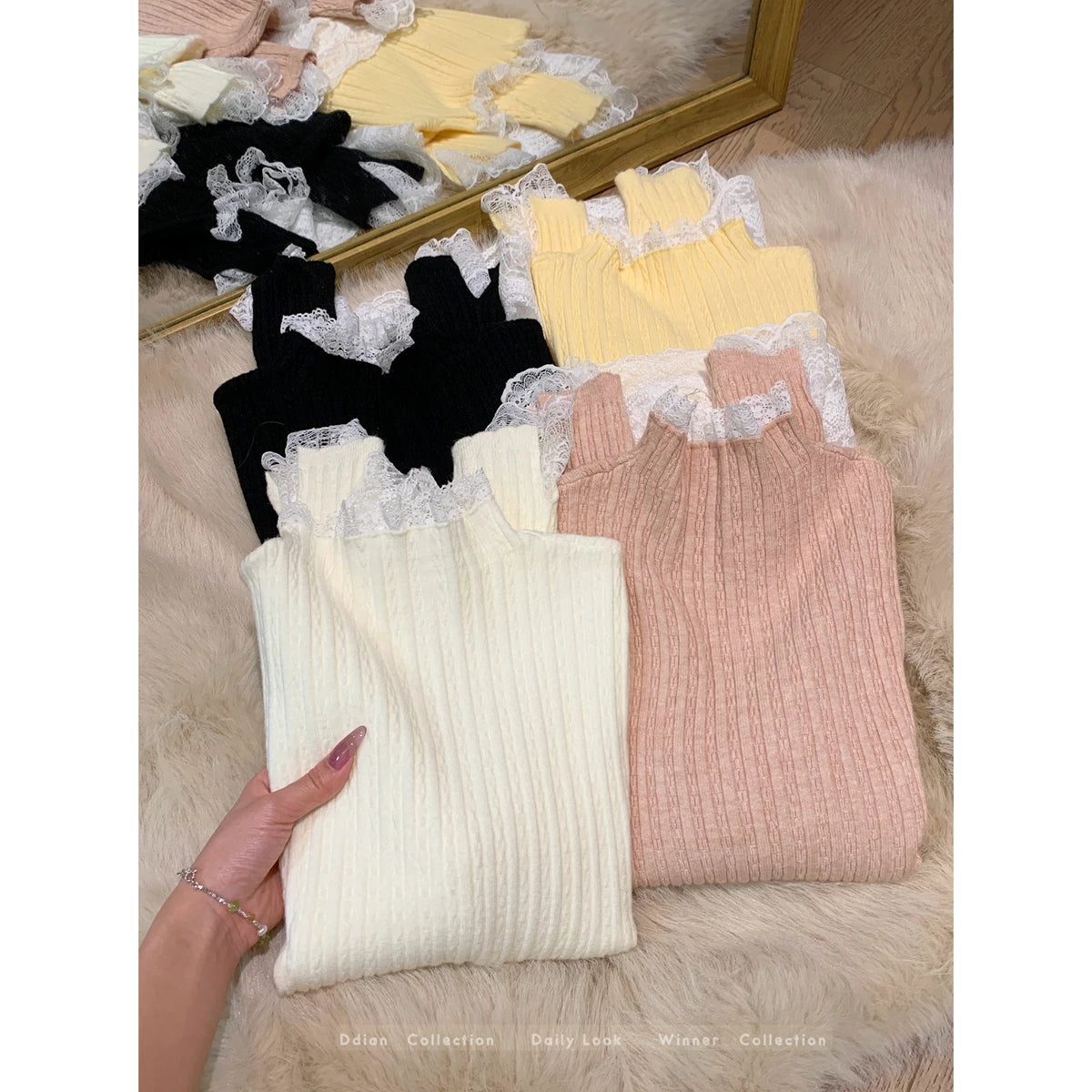 Retro Korean Version Women Sweet Solid Patchwork Lace Elegant Knitted Half High Neck Sweater Autumn Winter Slim Pullovers Tops