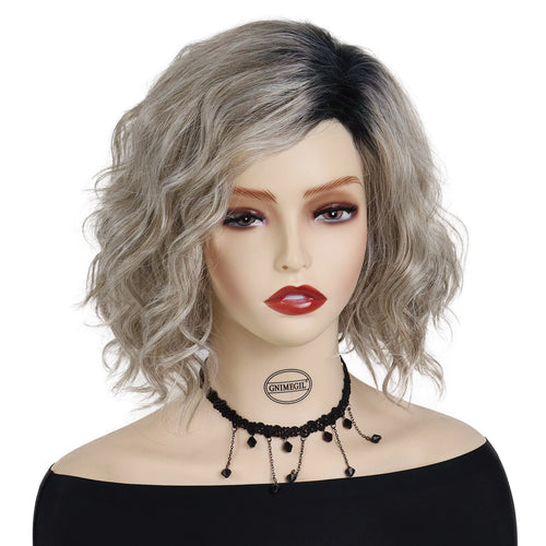 Load image into Gallery viewer, Synthetic Hair Ombre Gray Wigs for Women Medium Length Wave Wig with Black Roots Mommy Wig Natural Hairstyles Curly Wig
