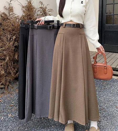 French Vintage Women Black Grey Elegant A-line Long Skirt 2024 New Autumn Winter Brown Versatile Pleated Skirt Streetwear simple