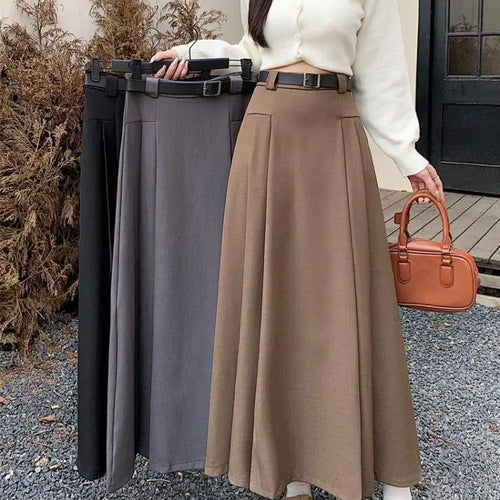 Load image into Gallery viewer, French Vintage Women Black Grey Elegant A-line Long Skirt 2024 New Autumn Winter Brown Versatile Pleated Skirt Streetwear simple
