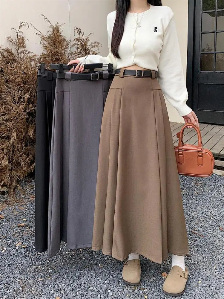 French Vintage Women Black Grey Elegant A-line Long Skirt 2024 New Autumn Winter Brown Versatile Pleated Skirt Streetwear simple