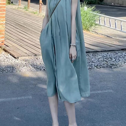 Load image into Gallery viewer, French Style Mint Green Elegant Women Dresses Summer Sleeveless Solid Color O-neck Loose Fashion Streetwear Female Dress
