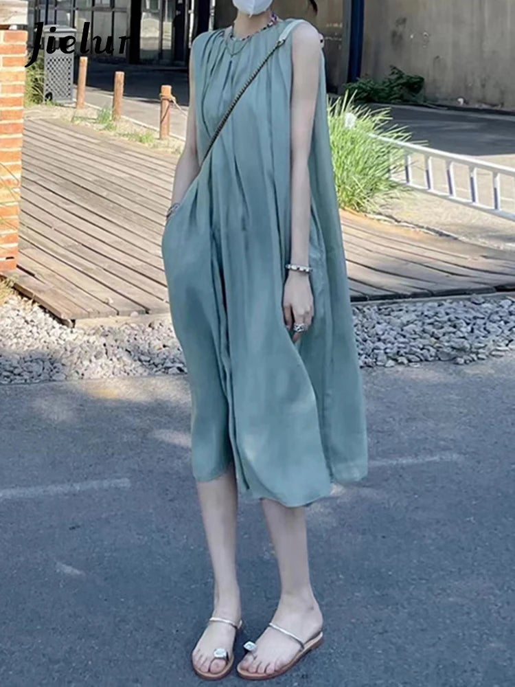 French Style Mint Green Elegant Women Dresses Summer Sleeveless Solid Color O-neck Loose Fashion Streetwear Female Dress