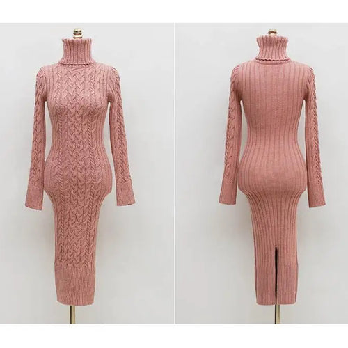Load image into Gallery viewer, Autumn Winter Korean Blue Pink High Neck Slim Long Sleeve Dresses Women Retro Blue Temperament Wrap Hip Knitted Dress Simplicity
