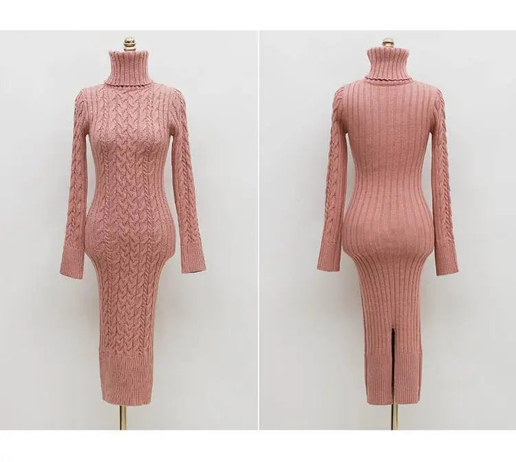 Autumn Winter Korean Blue Pink High Neck Slim Long Sleeve Dresses Women Retro Blue Temperament Wrap Hip Knitted Dress Simplicity