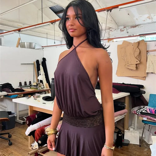 Load image into Gallery viewer, Halter Backless Sexy Mini Dress Women Robe Fashion Summer New Lace Patchwork Sleeveless Pleated Ruffled Club Dress
