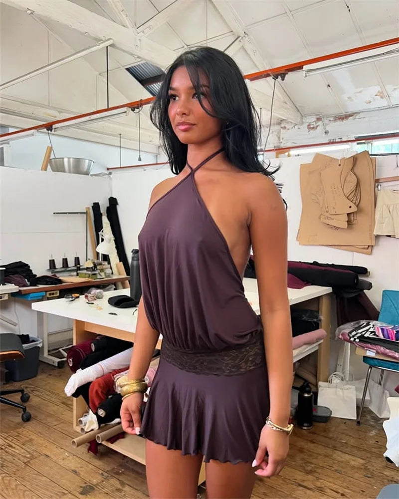 Halter Backless Sexy Mini Dress Women Robe Fashion Summer New Lace Patchwork Sleeveless Pleated Ruffled Club Dress