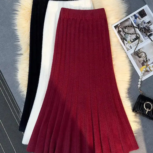 Load image into Gallery viewer, Autumn Winter Women's Black White Elegant Knitted Long Skirt Red Elastic High Waist Party Wrap Hip Pleated Fishtail Skirts 2024
