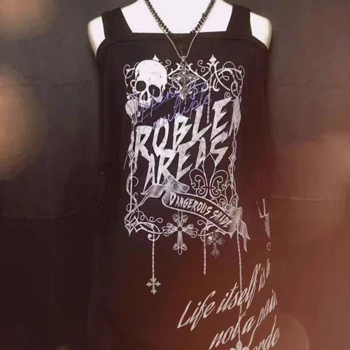 Load image into Gallery viewer, Fashion Y2k Aesthetic Oversleeve T-Shirts Slash Neck Gothic Skull Letter Print T Shirt Punk Harajuku Irregular Tees Streetwear
