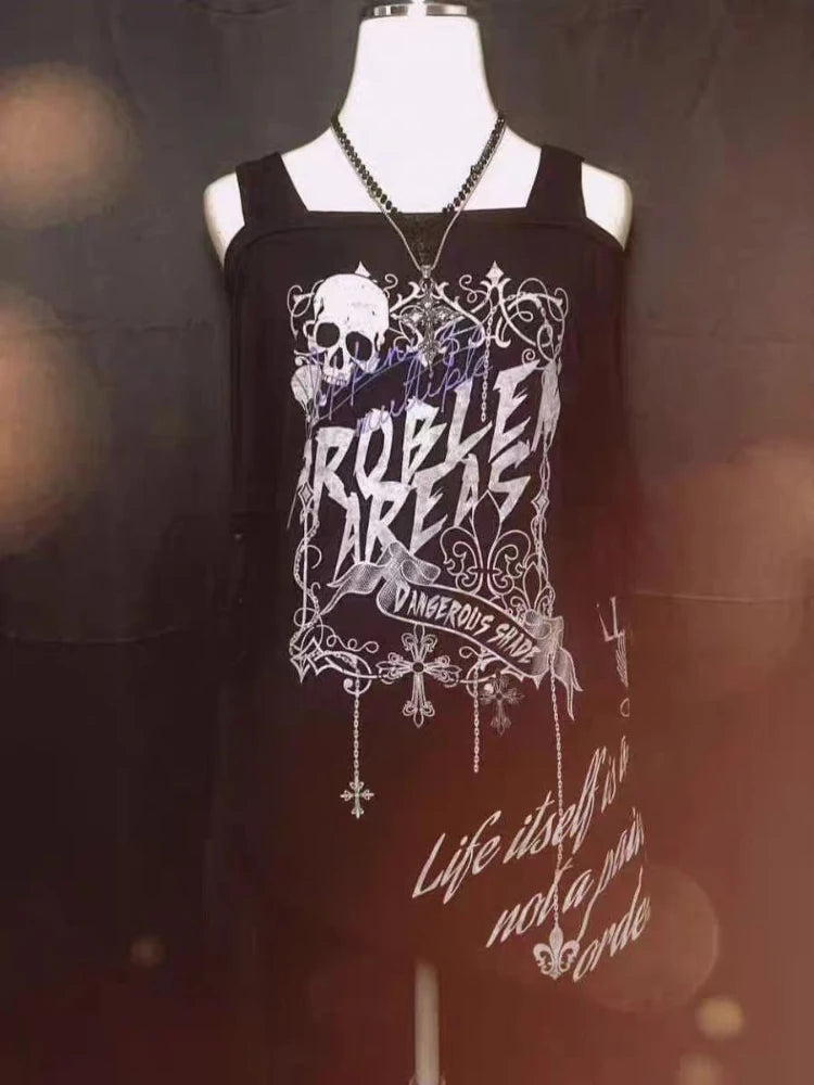 Fashion Y2k Aesthetic Oversleeve T-Shirts Slash Neck Gothic Skull Letter Print T Shirt Punk Harajuku Irregular Tees Streetwear