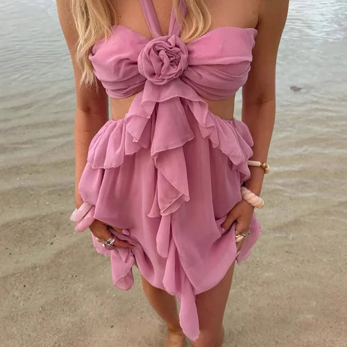 Load image into Gallery viewer, Rose Halter Backless Sexy Mini Dress Women Pink Off-shoulder Strapless Sleeveless High Waist Club Party Beach Dress
