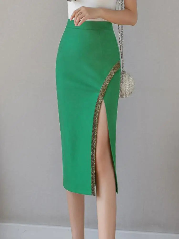 Korean Version Spring Summer Women Patchwork High Waist Midi Skirt Streetwear Popular Sexy Oversized Wrap Hip Split Skirt Trendy