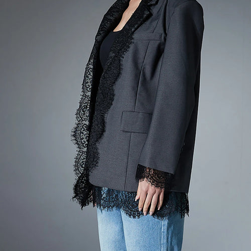 Load image into Gallery viewer, Loose Spliced Lace Fashion Blazers for Women Lapel Long Sleeves Patchwork Pockets Elegant Blazer Female Clothes New
