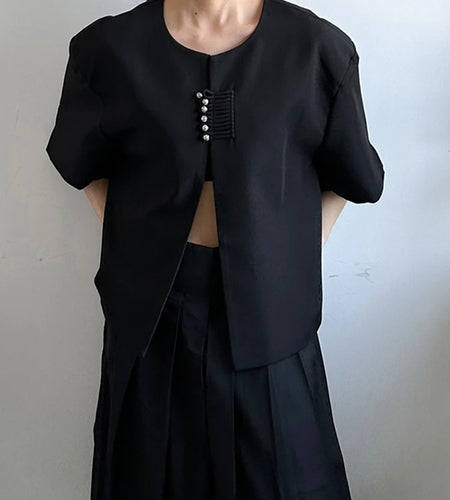 Women Black Buckle Vintage Big Size Blazer New Round Neck Short Sleeve Jacket Fashion Tide Spring Summer 2025 1DJ1397