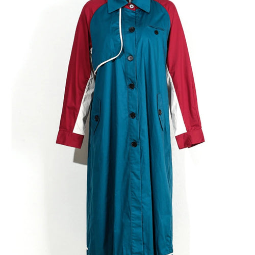 Load image into Gallery viewer, Women Blue Color-block Big Size Long Trench New Lapel Long Sleeve Loose Fit Windbreaker Fashion Spring Autumn 2025 1DE7767
