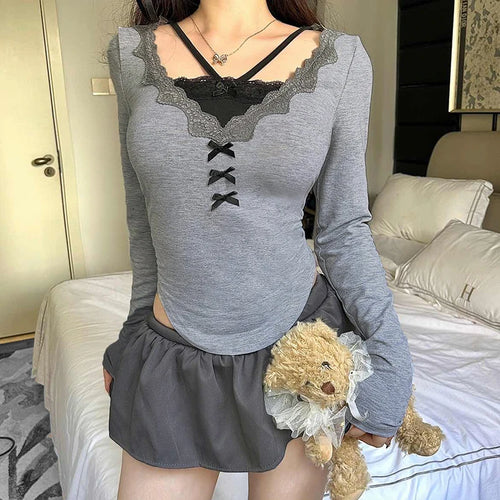 Load image into Gallery viewer, Korean Fashion Skinny Women T-shirts Spring Autumn Bow Lace Patched Y2K Retro Tee Shirt Top Kawaii Girls Preppy Style
