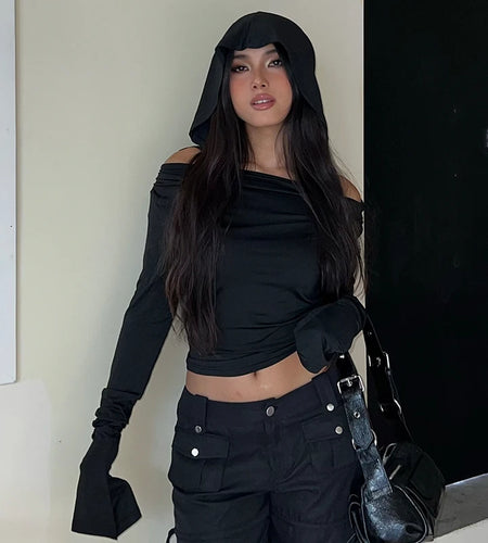 Long Sleeve Black Hooded Fitness Autumn Tee Shirts Slim Basic Casual Female T-shirts Swinging Collar Elegant Top Goth