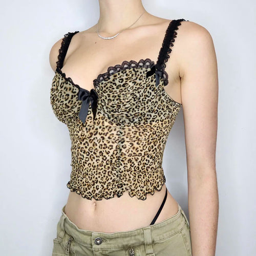 Load image into Gallery viewer, Vintage Y2K Chic Lace Trim Mesh Top Women Mini Bow Leopard Sexy Party Cropped Tops See Through Hottie 2000s Aesthetic
