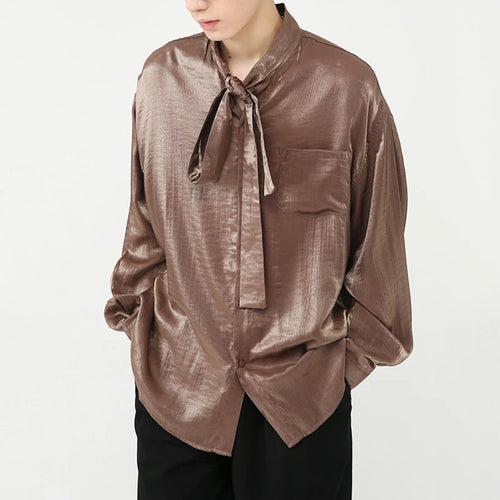 Load image into Gallery viewer, Stylish Men's Shirts Stand Collar Solid Color Tie Design Drape Pocket Single Breasted Loose Male Long Sleeve Tops 9W1185
