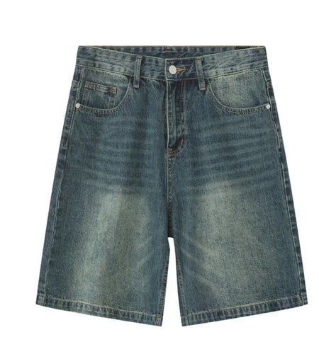 Summer Casual Men's Denim Shorts Loose Mid High Waist Fashion Knee Lenght Denim Pants Vintage Male New Chic Jeans 9A8588