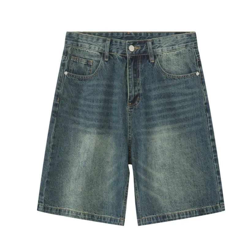 Summer Casual Men's Denim Shorts Loose Mid High Waist Fashion Knee Lenght Denim Pants Vintage Male New Chic Jeans 9A8588