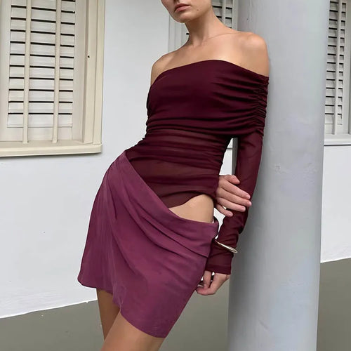 Load image into Gallery viewer, Hollow Out Off-shoulder Sexy Mini Dress Women Fashion Patchwork Strapless Long Sleeve Backless Ruched Club Dress
