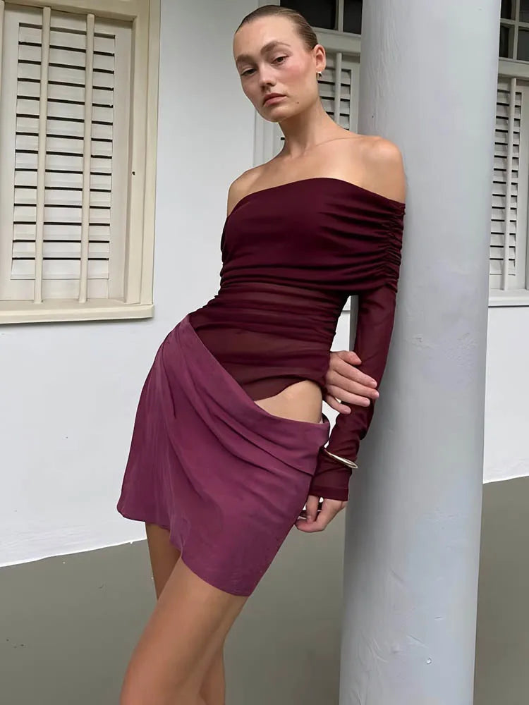 Hollow Out Off-shoulder Sexy Mini Dress Women Fashion Patchwork Strapless Long Sleeve Backless Ruched Club Dress