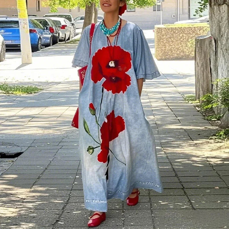 Loose Flower Print Maxi Dress for Woman Not Denim Vintage Half Sleeves V-neck Women's Summer Casual Vacation Long Dress
