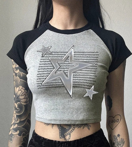 Casual Ribbed Knitted Letter Women Tee Shirt Patched Streetwear Baby Crop Tops Raglan Sleeve Slim Summer T-shirts Y2K