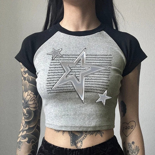 Load image into Gallery viewer, Casual Ribbed Knitted Letter Women Tee Shirt Patched Streetwear Baby Crop Tops Raglan Sleeve Slim Summer T-shirts Y2K
