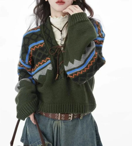 2025 Autumn Women Contrast Color Patchwork Sweater Casual Grunge Bandage Pullovers Aesthetic Harajuku Vintage Loose Streetwear