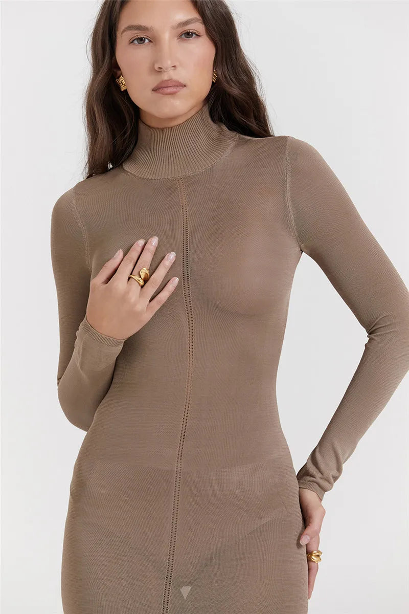Turtleneck Backless Bodycon Midi Dress For Women New Autumn Winter Long Sleeve Club Party Sexy Long Dress Vestidos