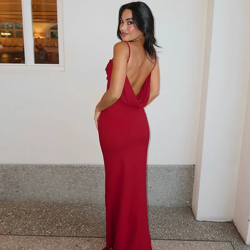 Spaghetti Strap Backless Sexy Maxi Dress Women Gown Summer New Fashion Solid High Waist Evening Beach Club Long Dress