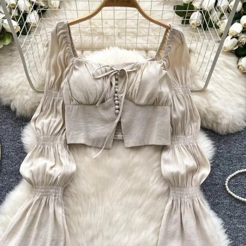 Load image into Gallery viewer, Autumn French Solid Ruffle Edge Lace-up Shirt Women Long Sleeves Square Neck Slim Short Tops Versatile Button Pleated Blouse New
