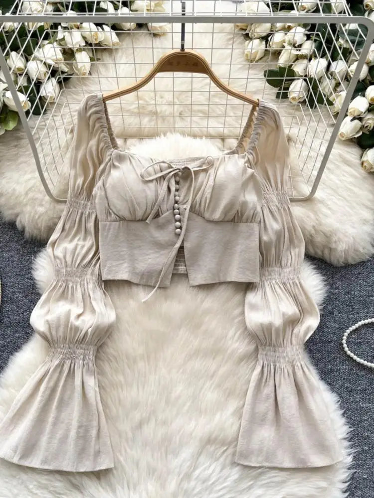 Autumn French Solid Ruffle Edge Lace-up Shirt Women Long Sleeves Square Neck Slim Short Tops Versatile Button Pleated Blouse New