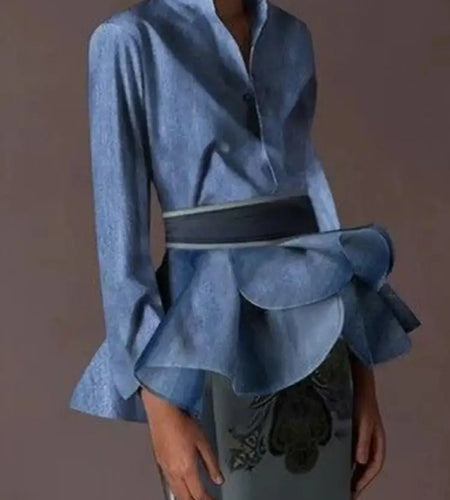 Women‘s Vintage Blue Blouses 2024 Autumn Buttoned Ruffled Lapel with Belted Class Long Sleeves Shirts Tops for Women