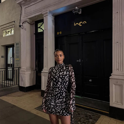 Load image into Gallery viewer, Summer Mesh Beach Sexy Mini Dress Women Robe Fashion Long Sleeve Draped Ruched Slim Print Vacation Club Dress Elegant
