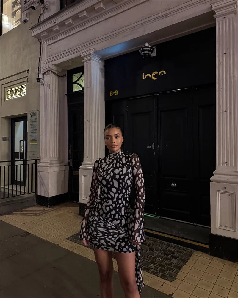 Summer Mesh Beach Sexy Mini Dress Women Robe Fashion Long Sleeve Draped Ruched Slim Print Vacation Club Dress Elegant