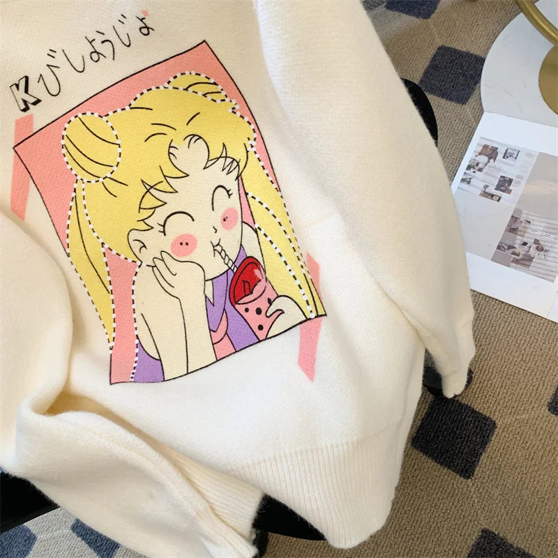 Korean Women's White Beautiful Girl Pattern Long Sleeve Round Neck Sweater Autumn Winter Loose Elegant Knit Thick Pullover Tops