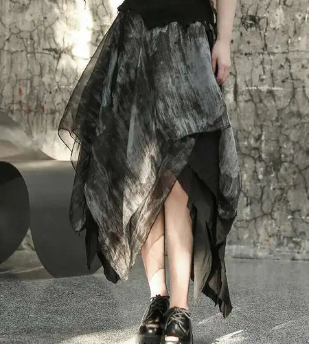 High Elastic Waist Black Irregular Printed Pleated Vintage Half-body Skirt Women Fashion New Spring Autumn 2025 1DF6823