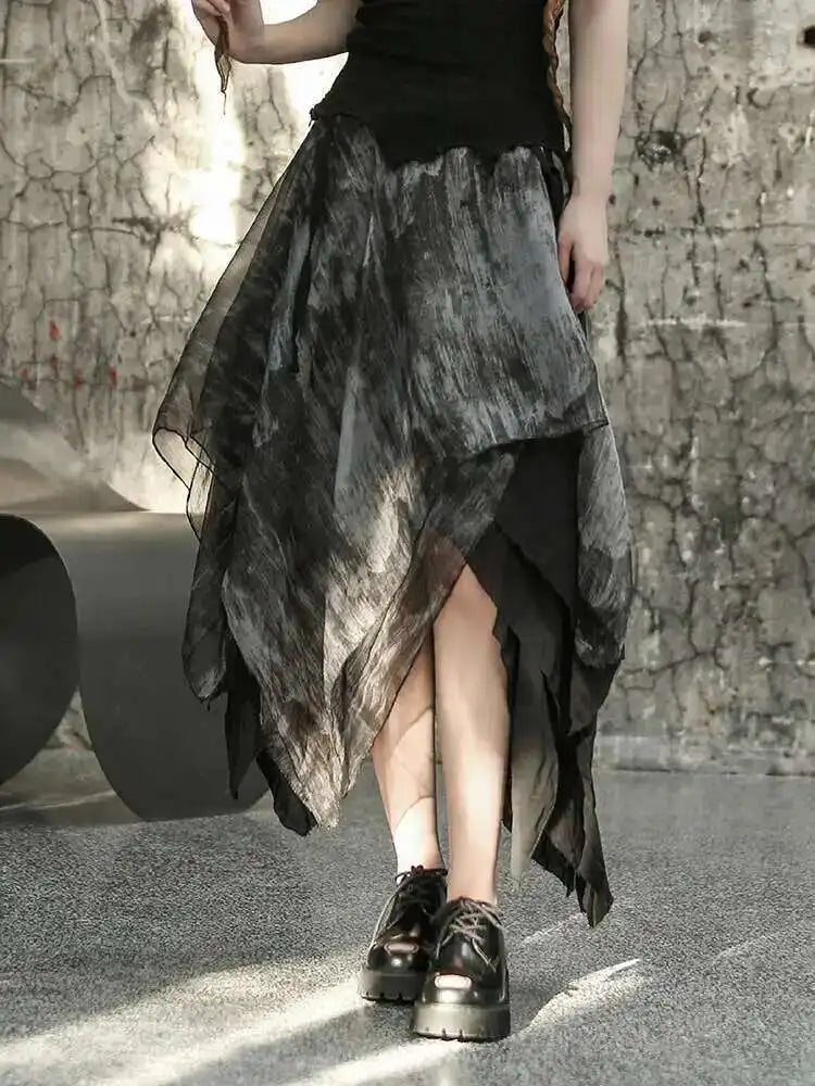 High Elastic Waist Black Irregular Printed Pleated Vintage Half-body Skirt Women Fashion New Spring Autumn 2025 1DF6823