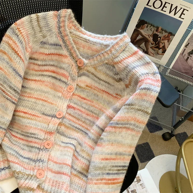 Autumn Winter Beige Stripes Gradient Long Sleeved Short Sweater Women's O-neck Single Breasted Knit Pullover Tops 2024 Thick New