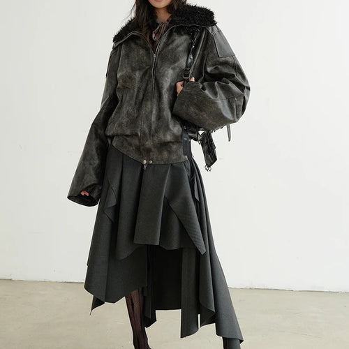 Load image into Gallery viewer, High Waist Dark Gray Cut Style Burr Irregular Slit Half-body Skirt Women Fashion Tide New Spring Autumn 2025 1DH9336
