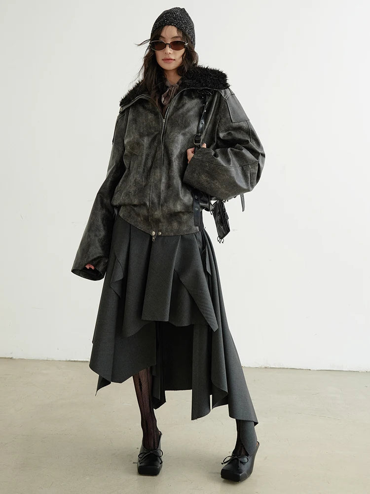 High Waist Dark Gray Cut Style Burr Irregular Slit Half-body Skirt Women Fashion Tide New Spring Autumn 2025 1DH9336