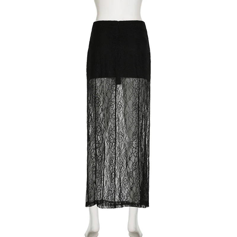 Fashion Elegant Solid Lace Skirt Female Boho Gothic Dark Split Long Skirts Transparent Double Layer Women's Bottoms