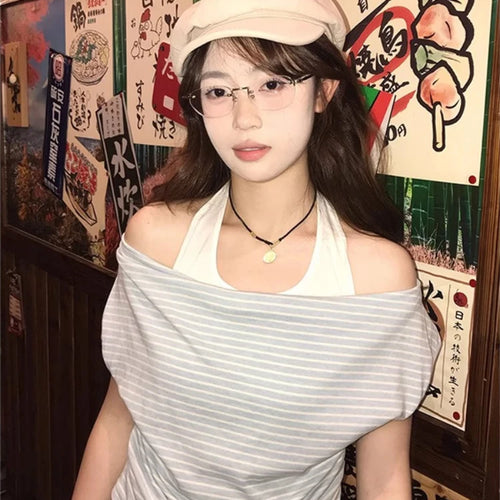 Load image into Gallery viewer, 2025 Harajuku Fake Two Pieces Stripe T-shirt Women Y2k Aesthetic Halter Patchwork Grunge Tees Streetwear Casual Pleated Tshirts
