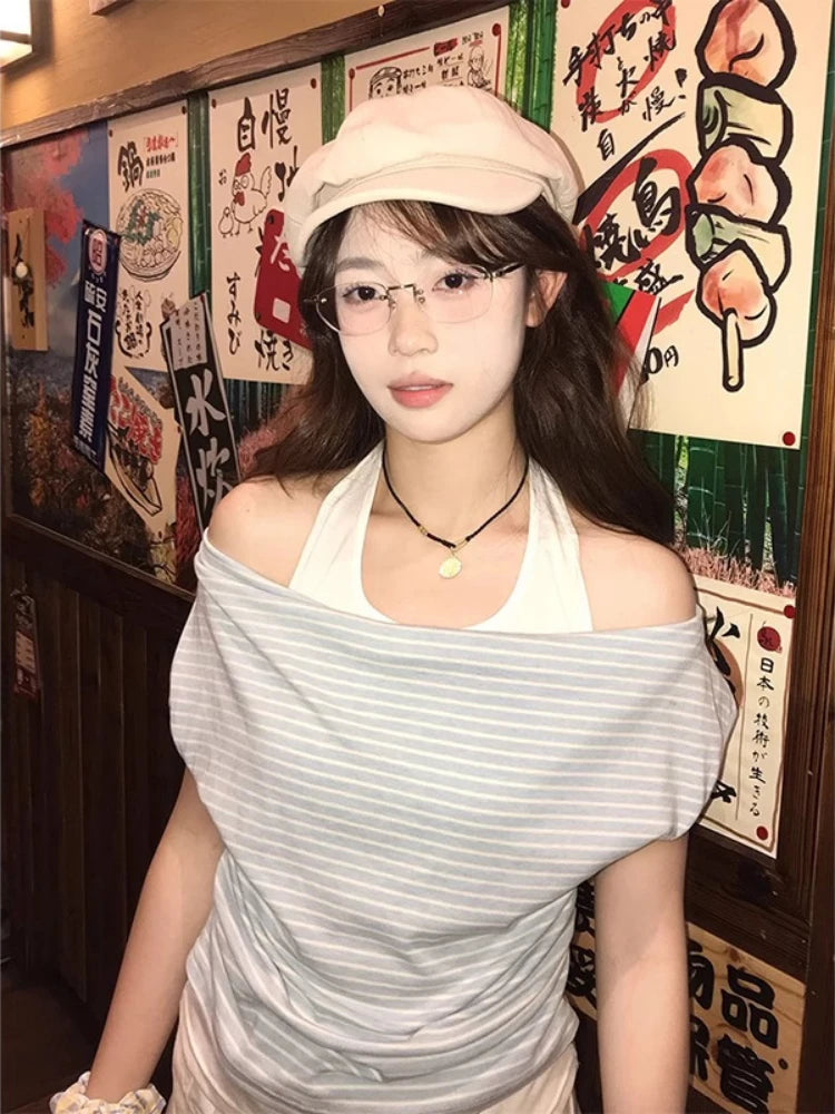 2025 Harajuku Fake Two Pieces Stripe T-shirt Women Y2k Aesthetic Halter Patchwork Grunge Tees Streetwear Casual Pleated Tshirts
