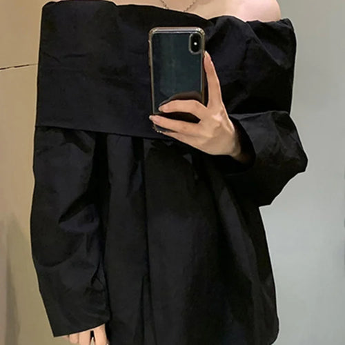 Load image into Gallery viewer, French Style Slash Neck Black Women Blouse Long Sleeve Pure Color Elegant Fashion Female Streetwear Simple Chic Blouses
