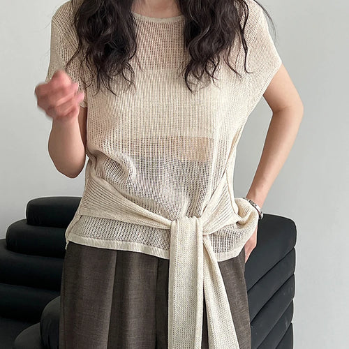 Load image into Gallery viewer, Women Blue Knitting Bandage Thin Casual T-shirt New Round Neck Short Sleeve Fashion Tide Spring Summer 2025 1DJ1305
